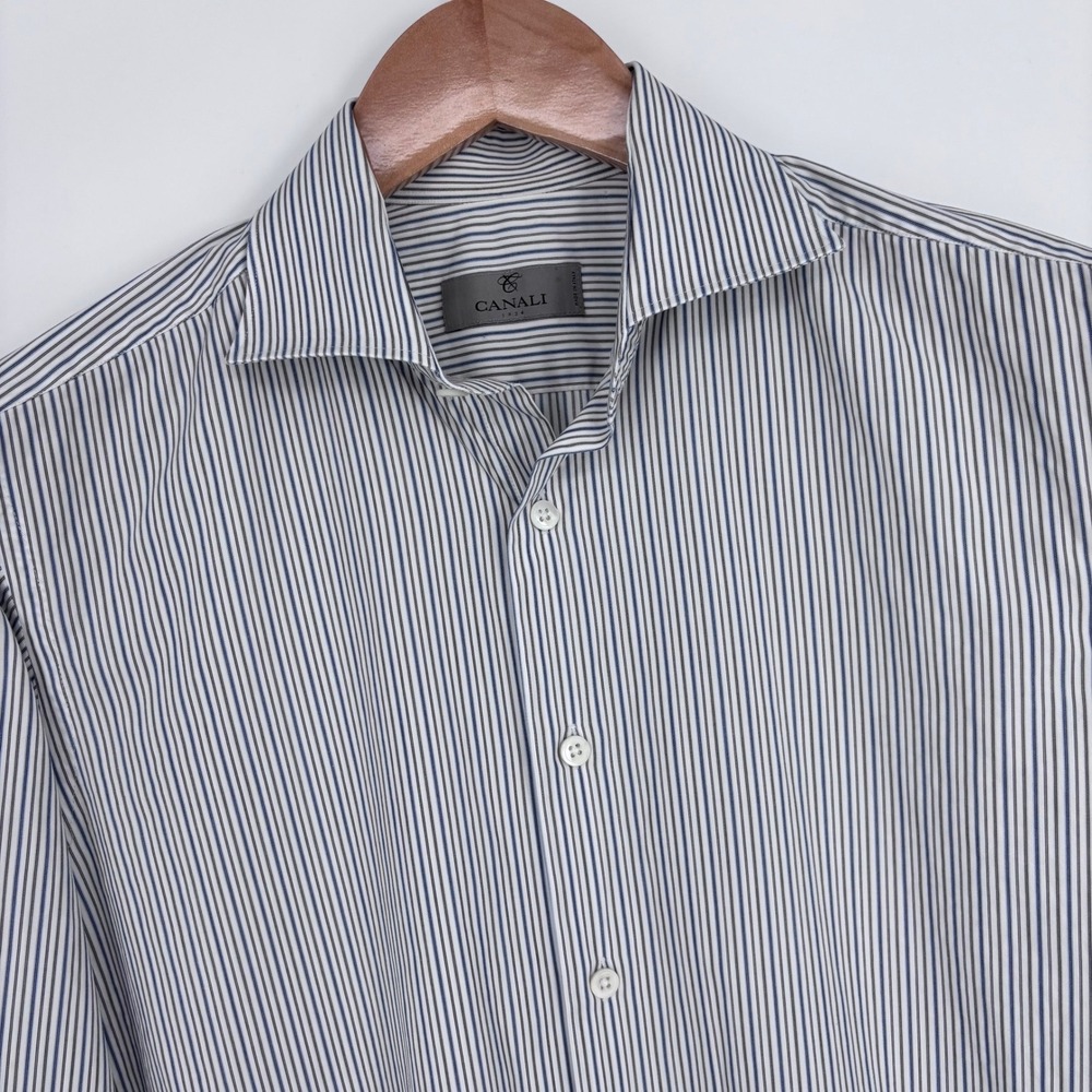 Canali Dress Shirt Mens 15.5 Blue White Striped Spread Collar Made in Italy